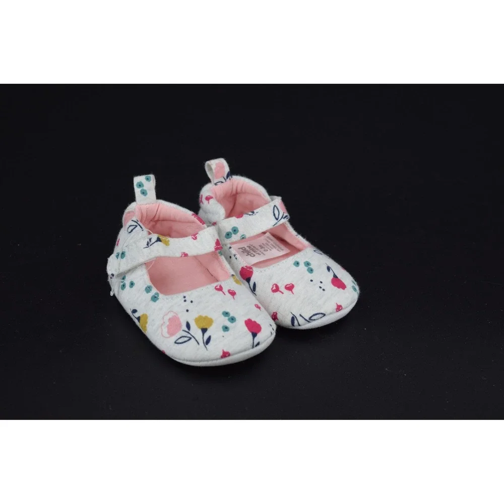 Child of Mine Mary Jane Crib Shoes Baby Girl 0-3M Gray Floral Soft Sole Shoes
